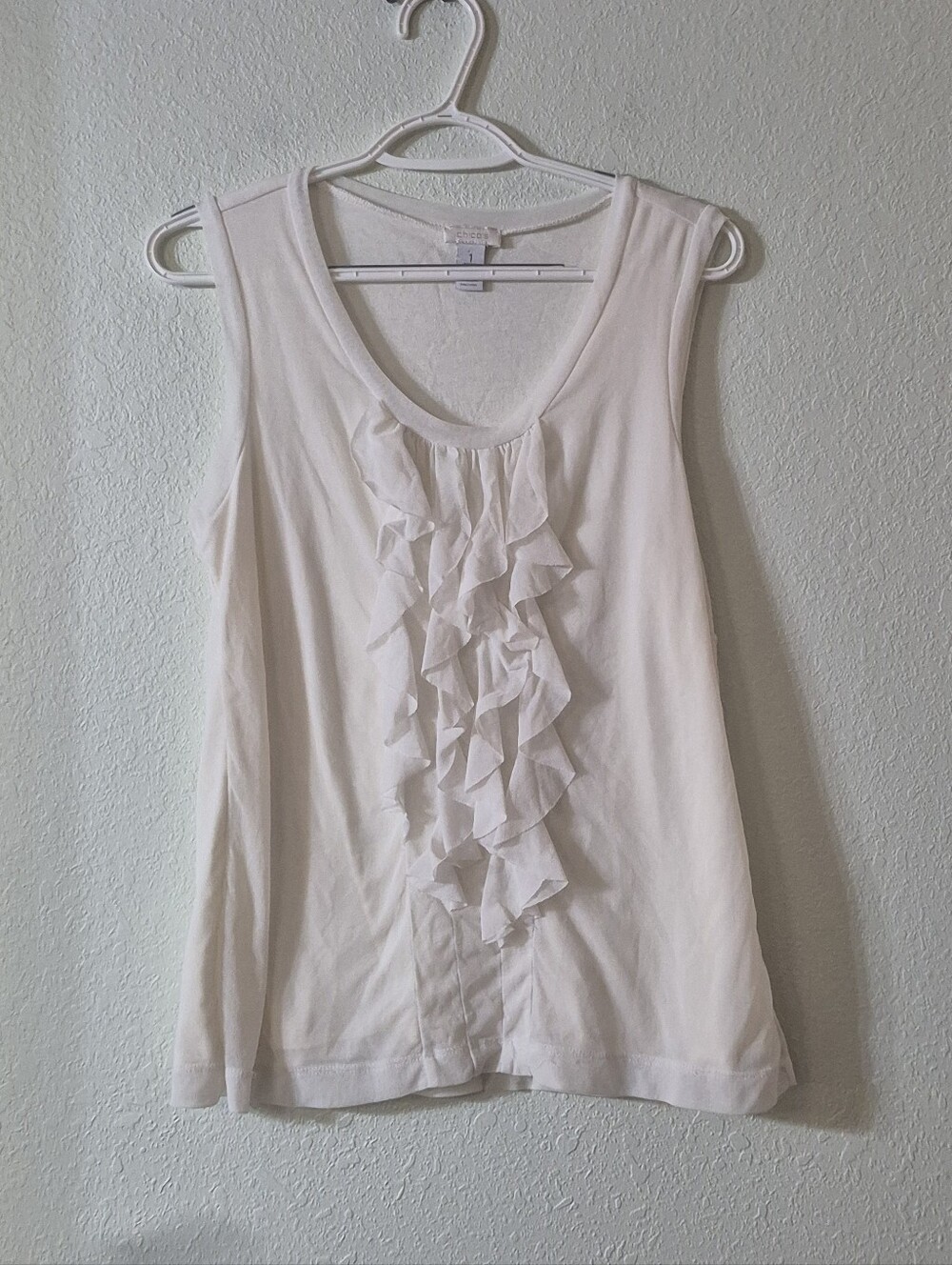 Chico's White Ruffle-Front Sleeveless Tank